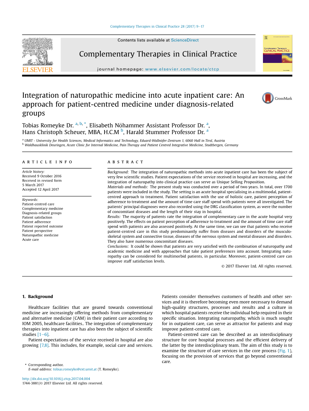 Integration of Naturopathic Medicine Into Acute Inpatient Care: an Approach for Patient-Centred Medicine Under Diagnosis-Related Groups