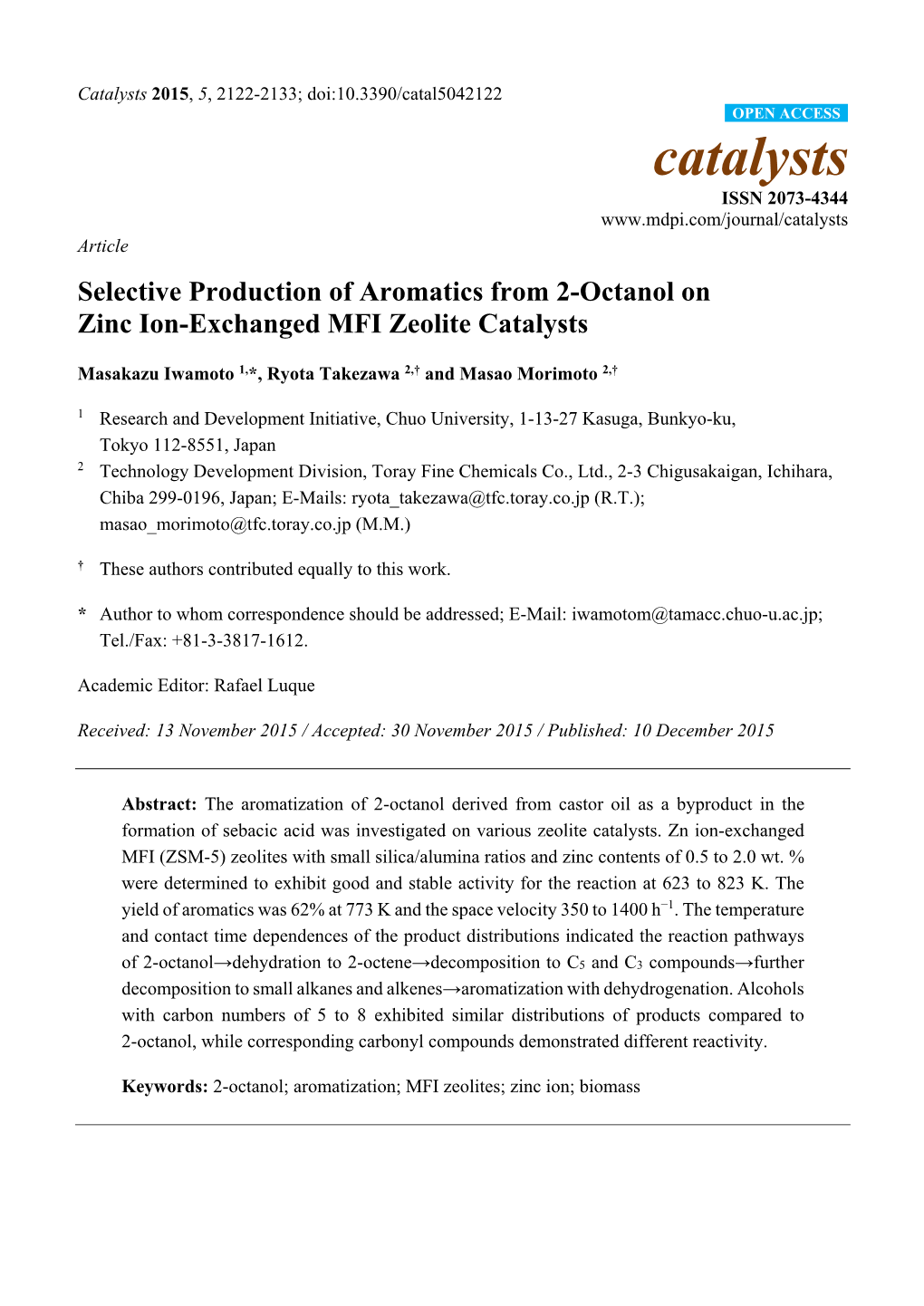 Selective Production of Aromatics from 2-Octanol on Zinc Ion-Exchanged MFI Zeolite Catalysts