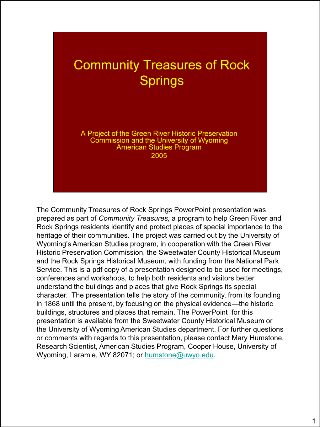 Community Treasures of Rock Springs