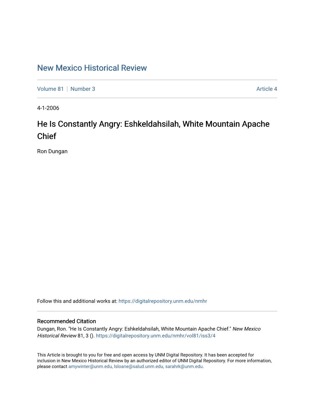 He Is Constantly Angry: Eshkeldahsilah, White Mountain Apache Chief