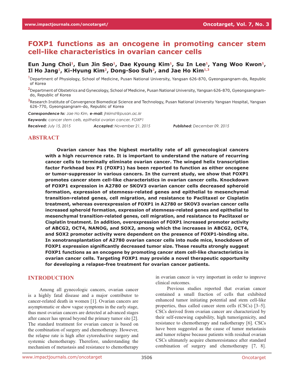 FOXP1 Functions As an Oncogene in Promoting Cancer Stem Cell-Like Characteristics in Ovarian Cancer Cells