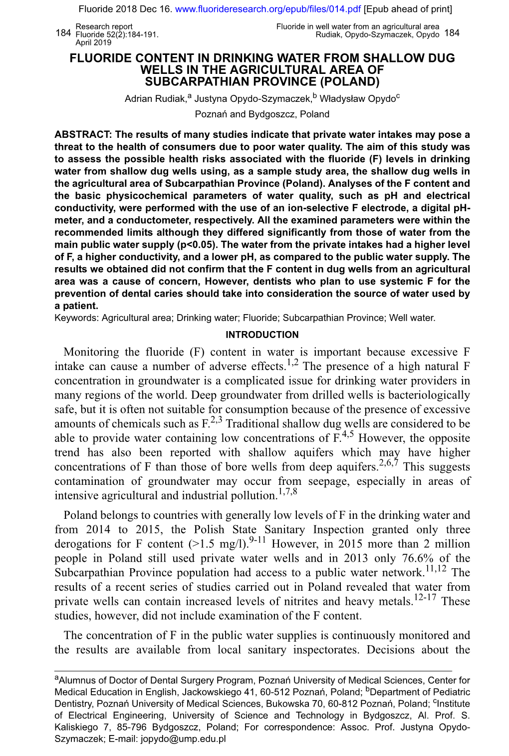 Fluoride Content in Drinking Water from Shallow Dug