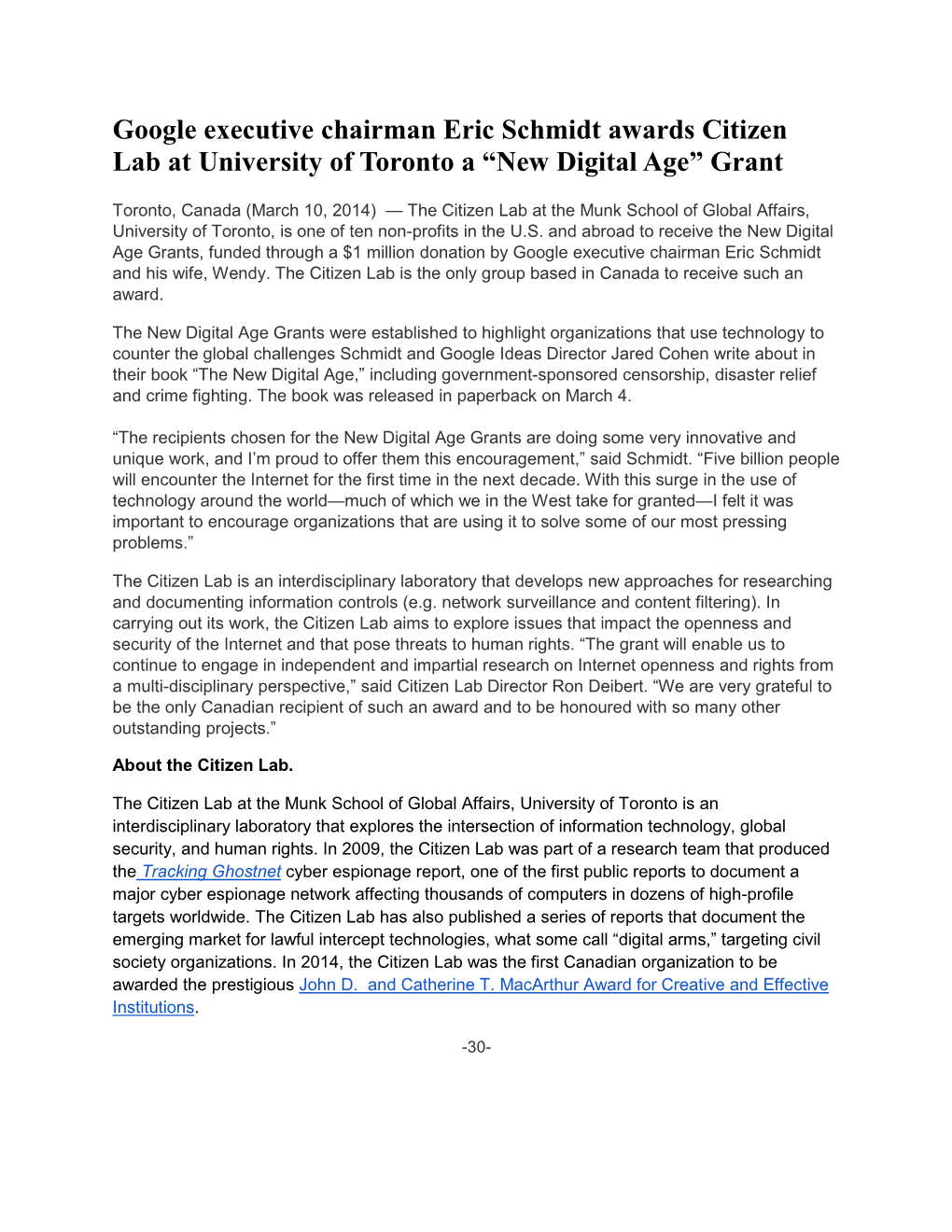 Google Executive Chairman Eric Schmidt Awards Citizen Lab at University of Toronto a “New Digital Age” Grant