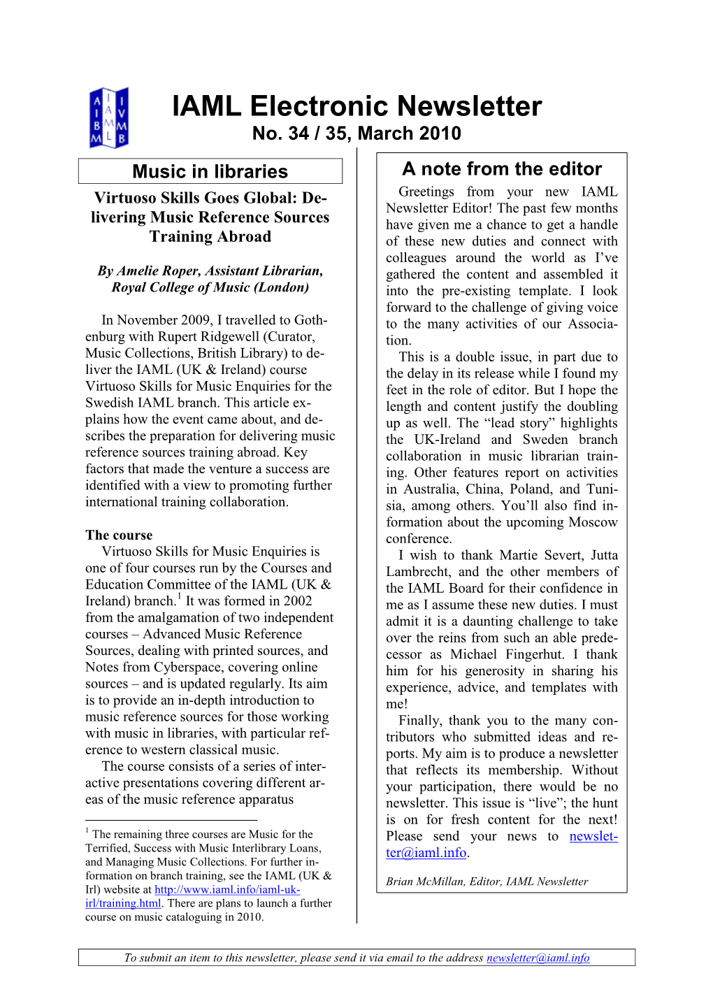 IAML Newsletter N° 31, April 2009