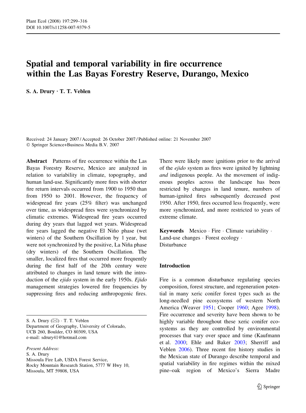 Spatial and Temporal Variability in Fire Occurrence Within the Las Bayas Forestry Reserve, Durango, Mexico