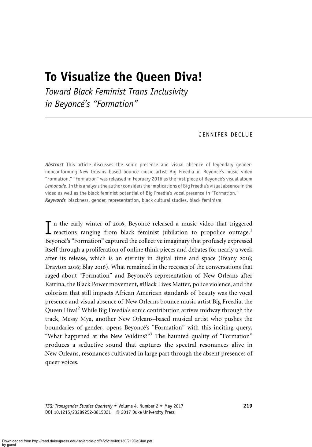 To Visualize the Queen Diva! Toward Black Feminist Trans Inclusivity in Beyonce´’S “Formation”