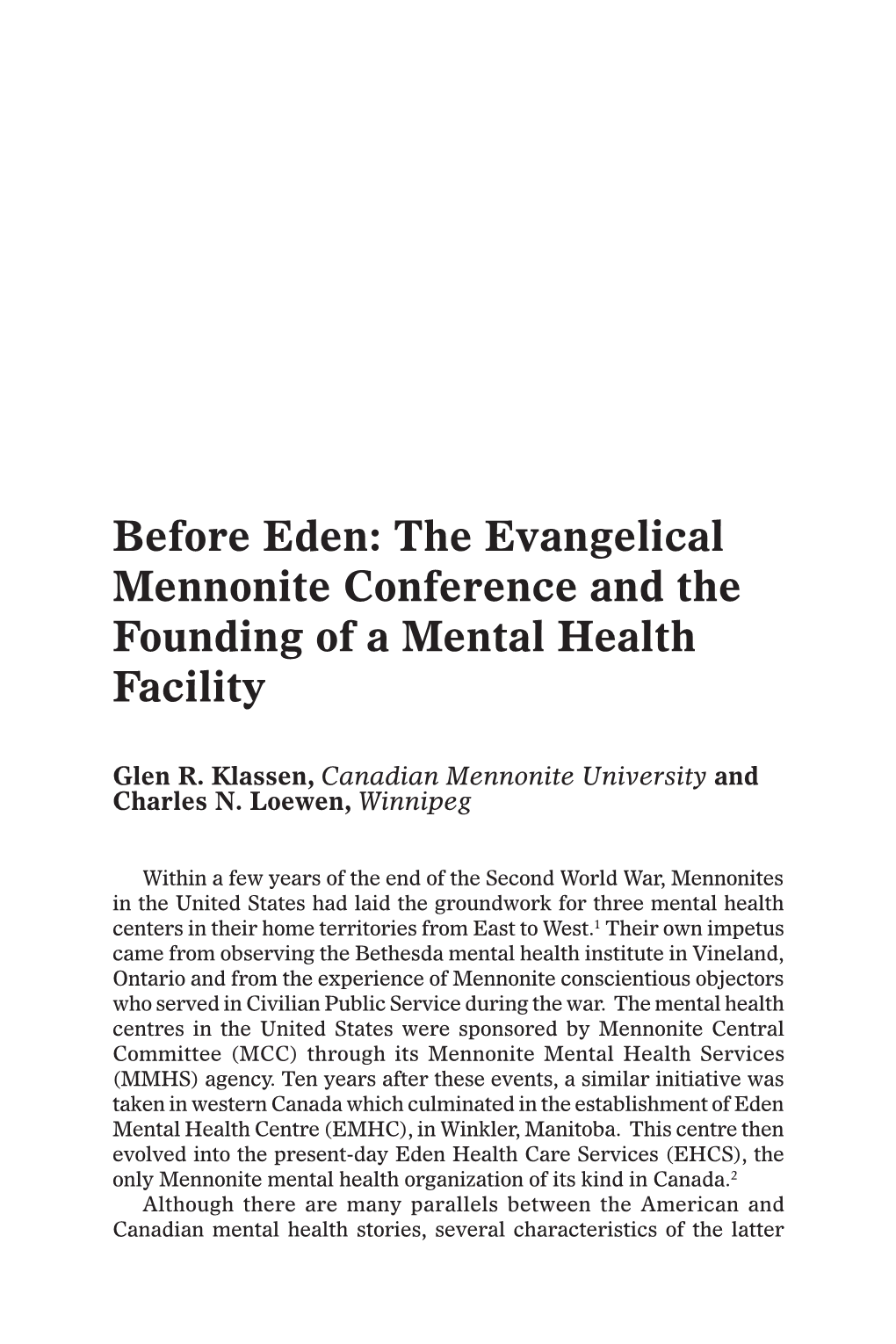 Before Eden: the Evangelical Mennonite Conference and the Founding of a Mental Health Facility