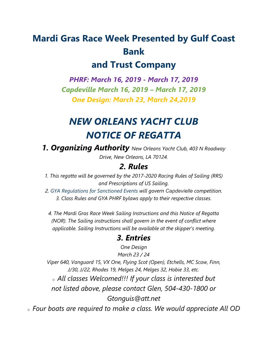 New Orleans Yacht Club Notice of Regatta 1