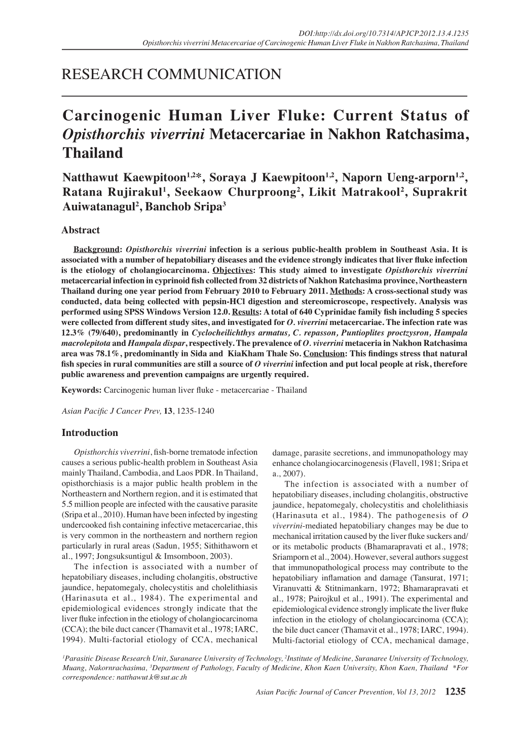 Carcinogenic Human Liver Fluke: Current Status of Opisthorchis