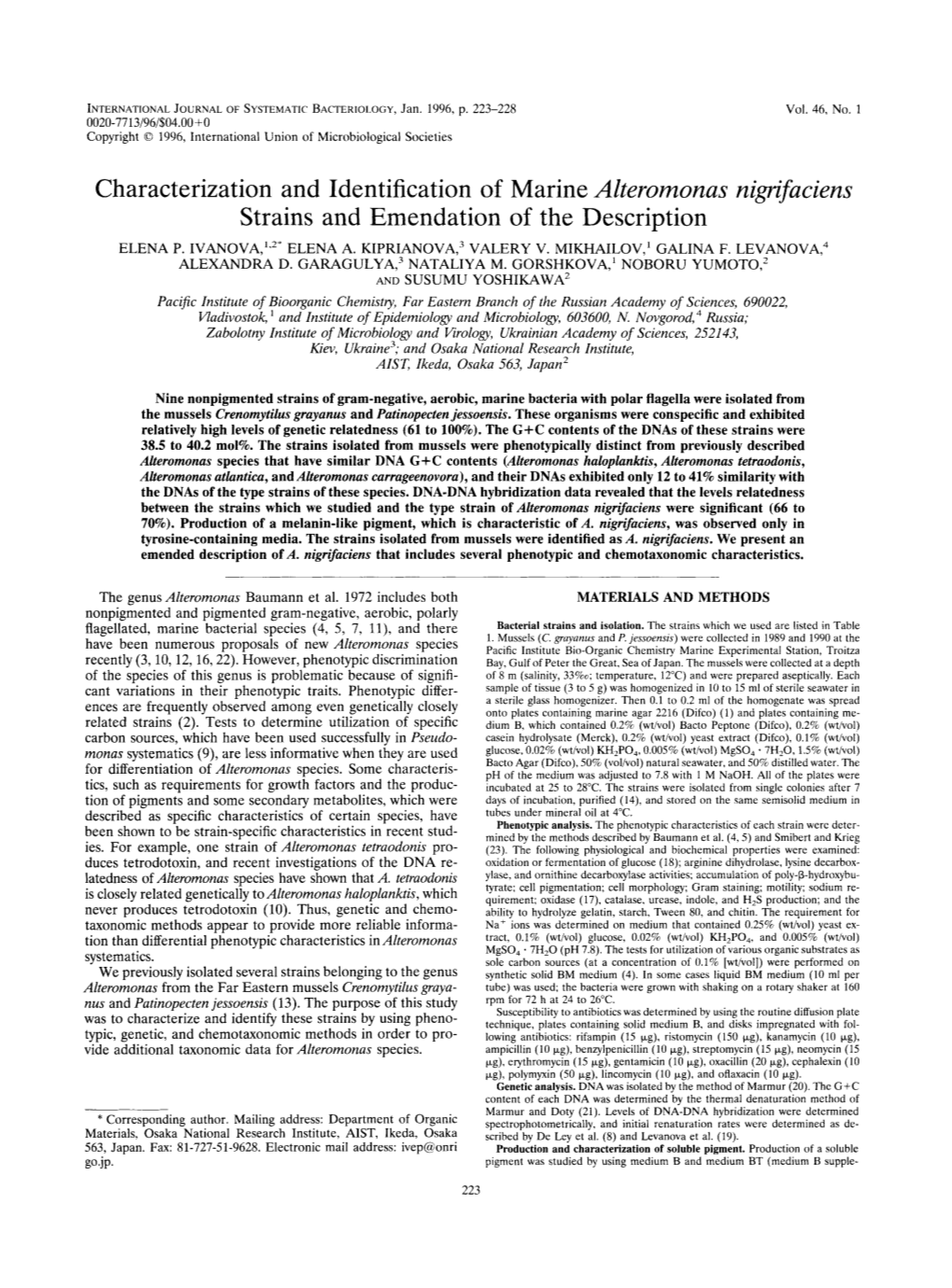 Characterization and Identification of Marine Alteromonas Nigrifaciens Strains and Emendation of the Description ELENA P