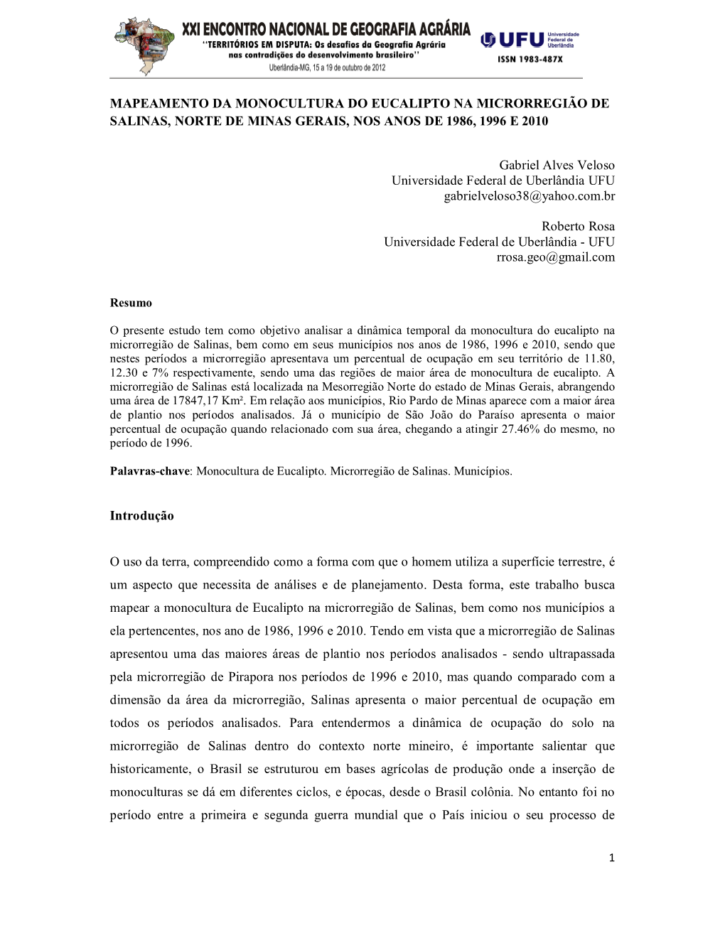 Mapeamento Da Monocultura Do Eucalipto Na Microrregião De Salinas, Norte De Minas Gerais, Nos Anos De 1986, 1996 E 2010