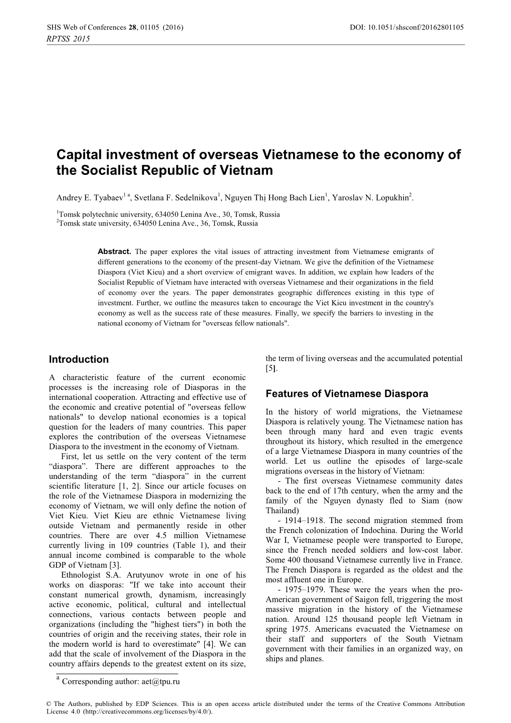 Capital Investment of Overseas Vietnamese to the Economy of the Socialist Republic of Vietnam