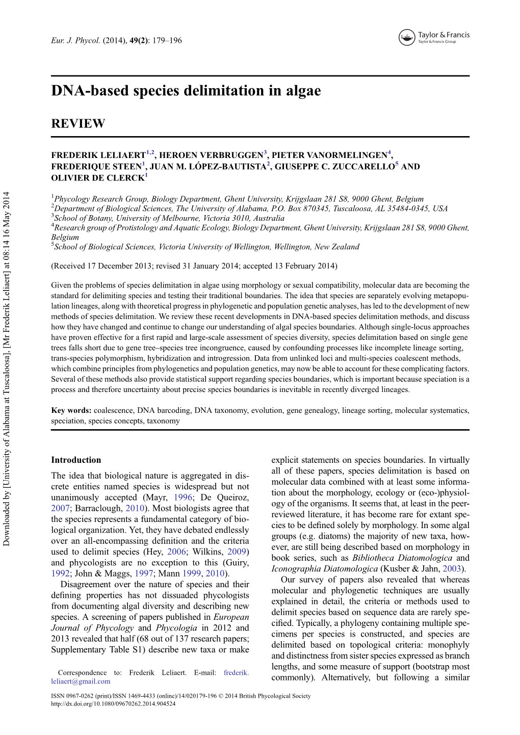 DNA-Based Species Delimitation in Algae