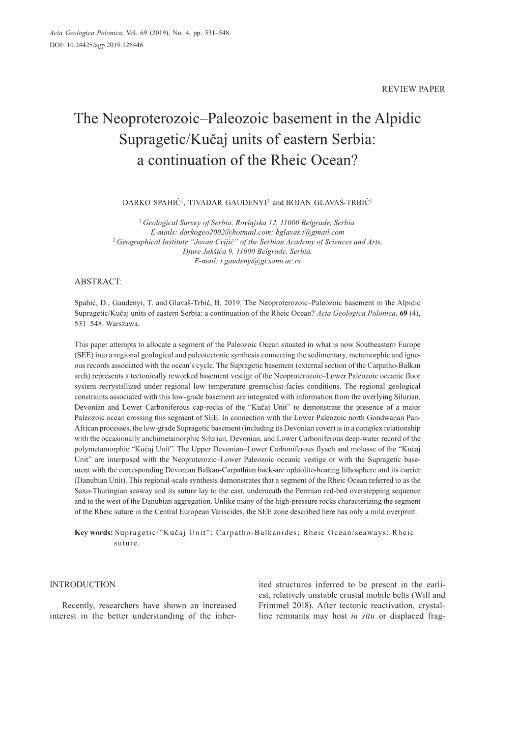 The Neoproterozoic–Paleozoic Basement in the Alpidic Supragetic/Kučaj Units of Eastern Serbia: a Continuation of the Rheic Ocean?