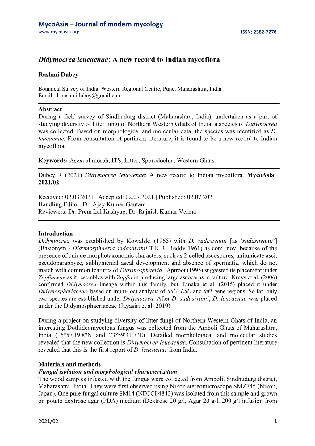 Journal of Modern Mycology Didymocrea Leucaenae