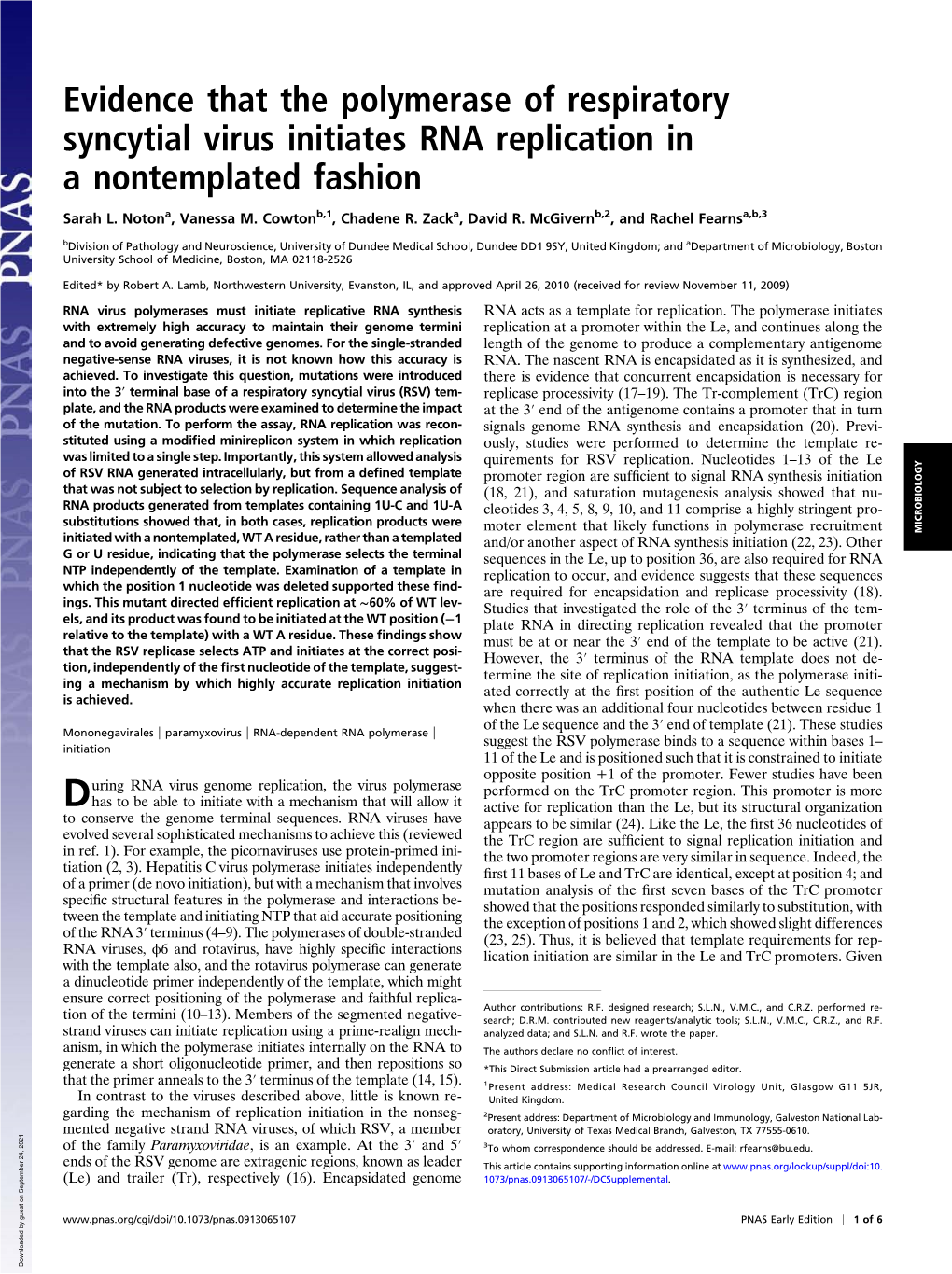 Evidence That the Polymerase of Respiratory Syncytial Virus Initiates RNA Replication in a Nontemplated Fashion