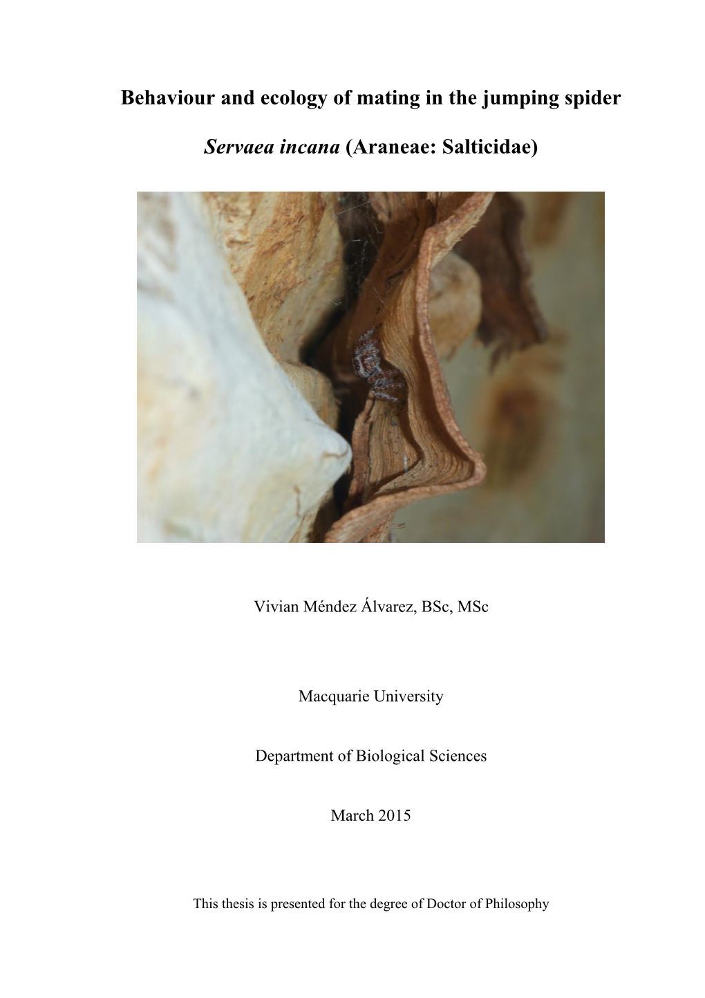 Behaviour and Ecology of Mating in the Jumping Spider Servaea Incana