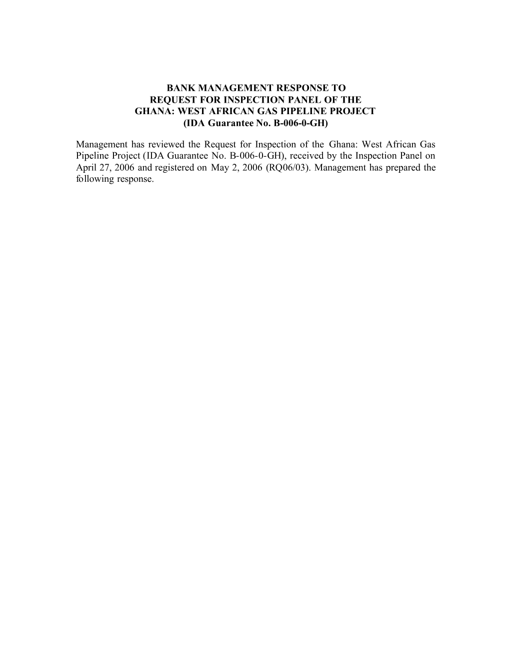 Inspection Panel -- WAGP -- Final Management Response -- June 5, 2006