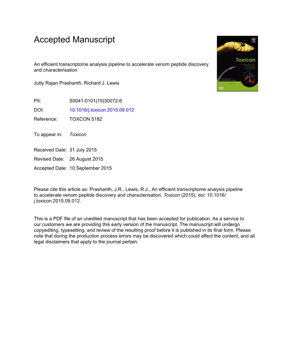 An Efficient Transcriptome Analysis Pipeline to Accelerate Venom Peptide Discovery and Characterisation