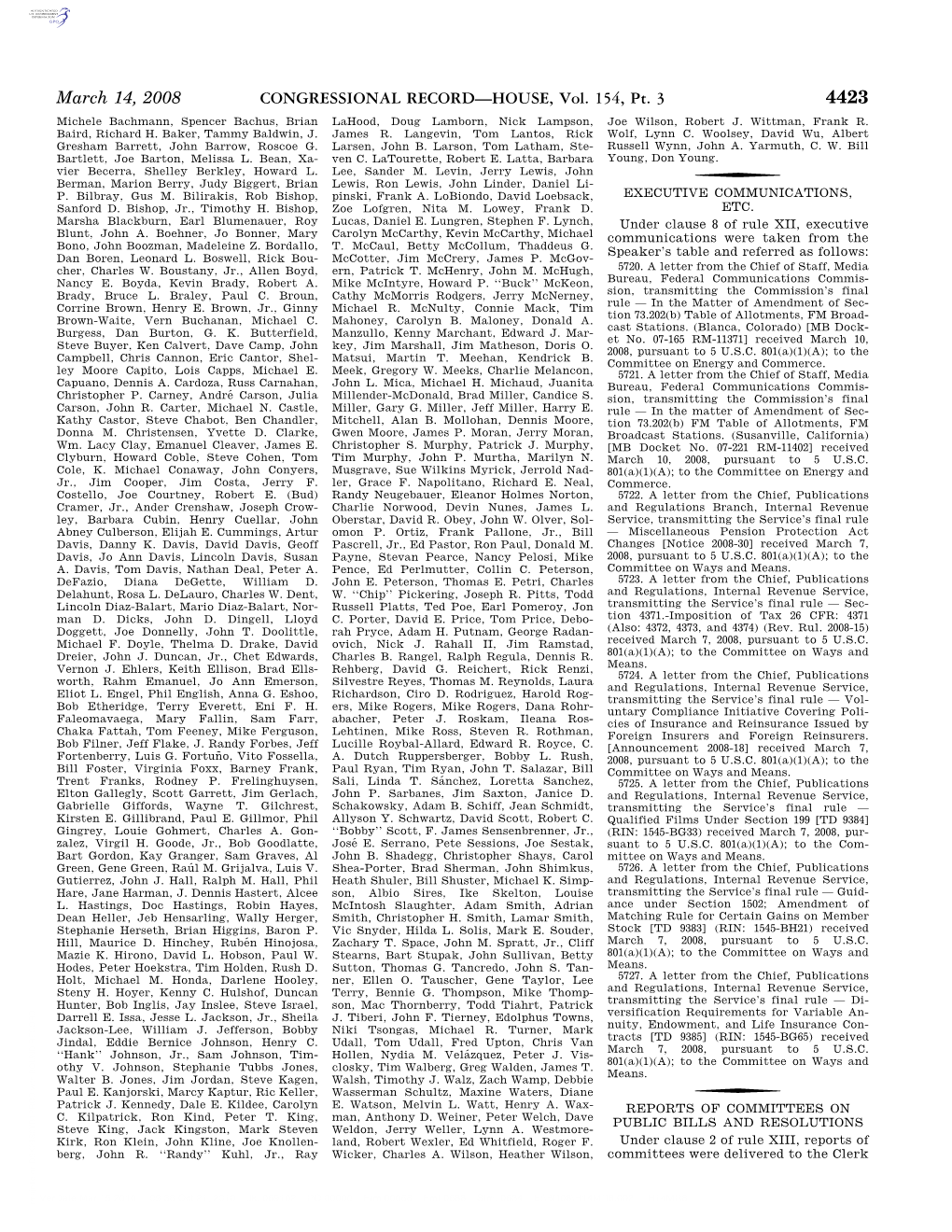 CONGRESSIONAL RECORD—HOUSE, Vol. 154, Pt. 3 March 14, 2008 for Printing and Reference to the Proper H.R