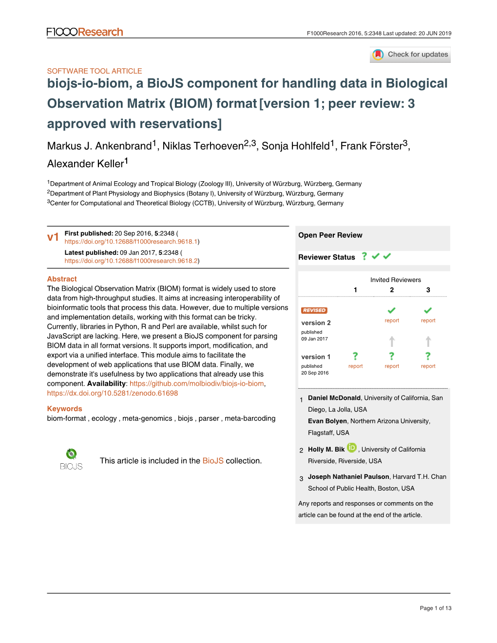 Biojs-Io-Biom, a Biojs Component for Handling Data in Biological