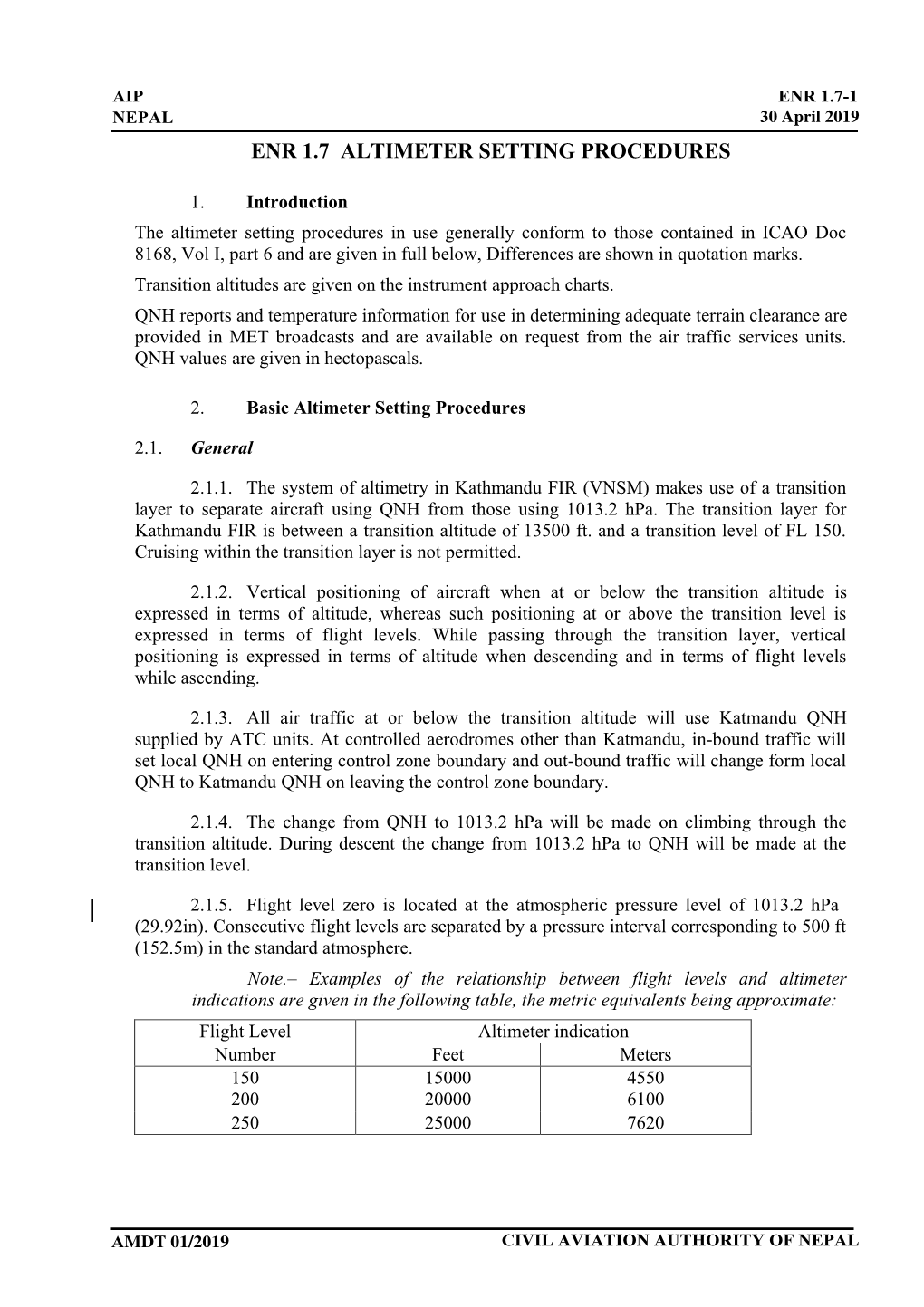 Enr 1.7 Altimeter Setting Procedures