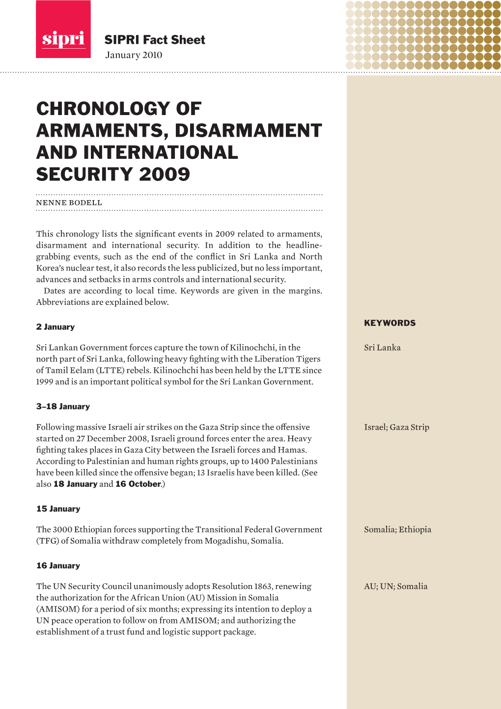 Chronologo of Armaments, Disarmament and International Security 2009, SIPRI Fact Sheet
