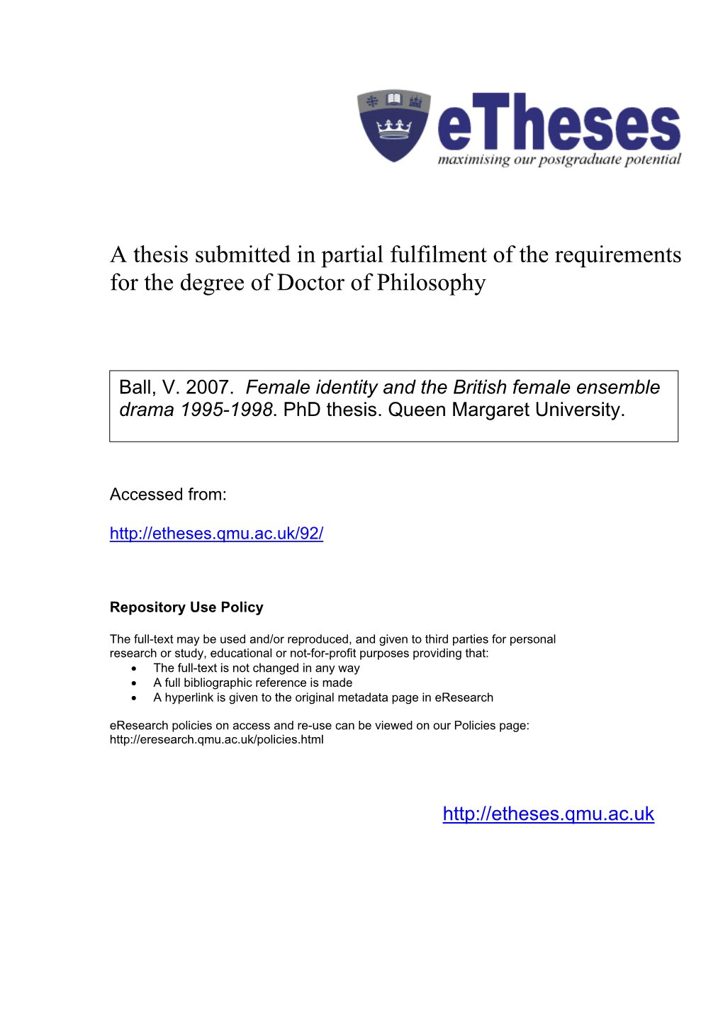 Female Identity and the British Female Ensemble Drama 1995-1998