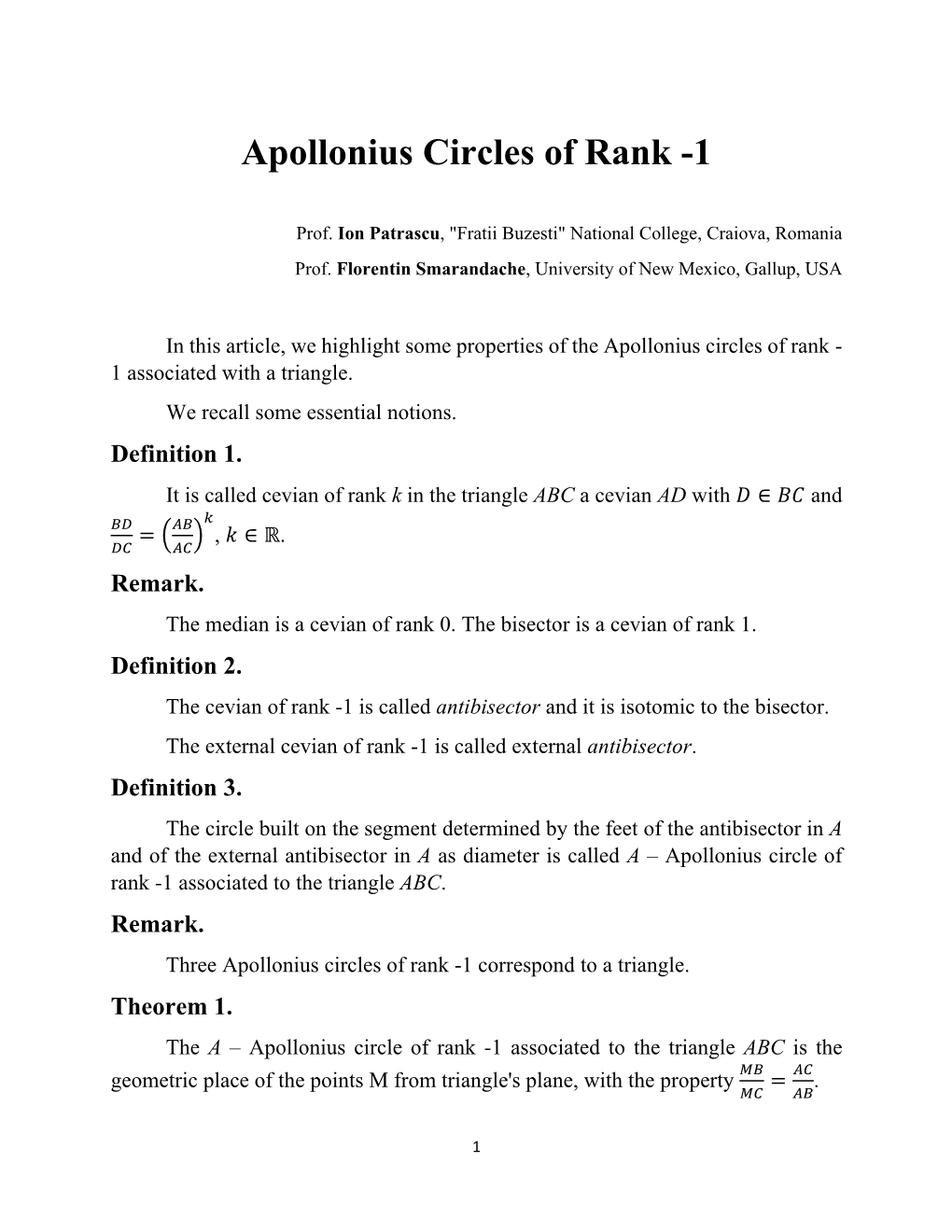 Apollonius Circles of Rank -1