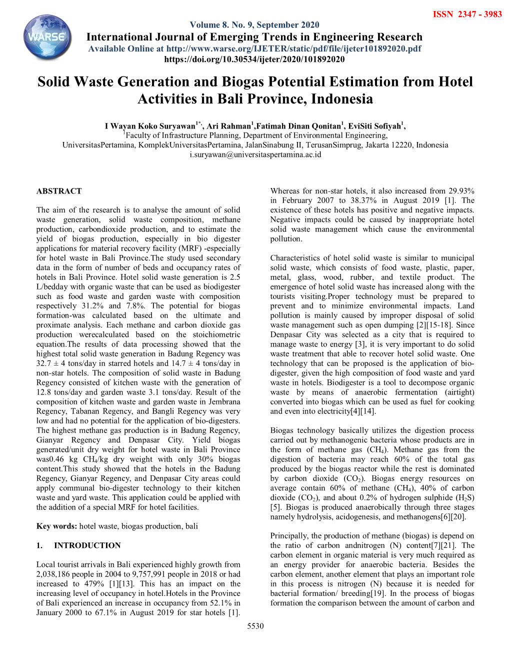 Solid Waste Generation and Biogas Potential Estimation from Hotel Activities in Bali Province, Indonesia