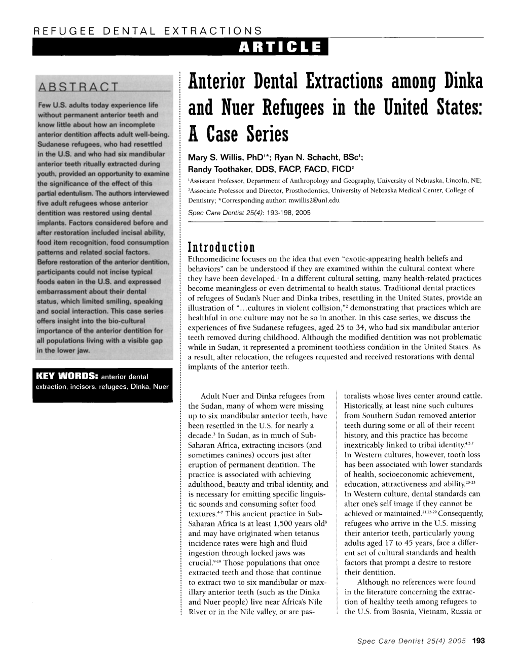 Anterior Dental Extractions Among Dinka and Nuer Refugees in the United States: a Case Series Mary S