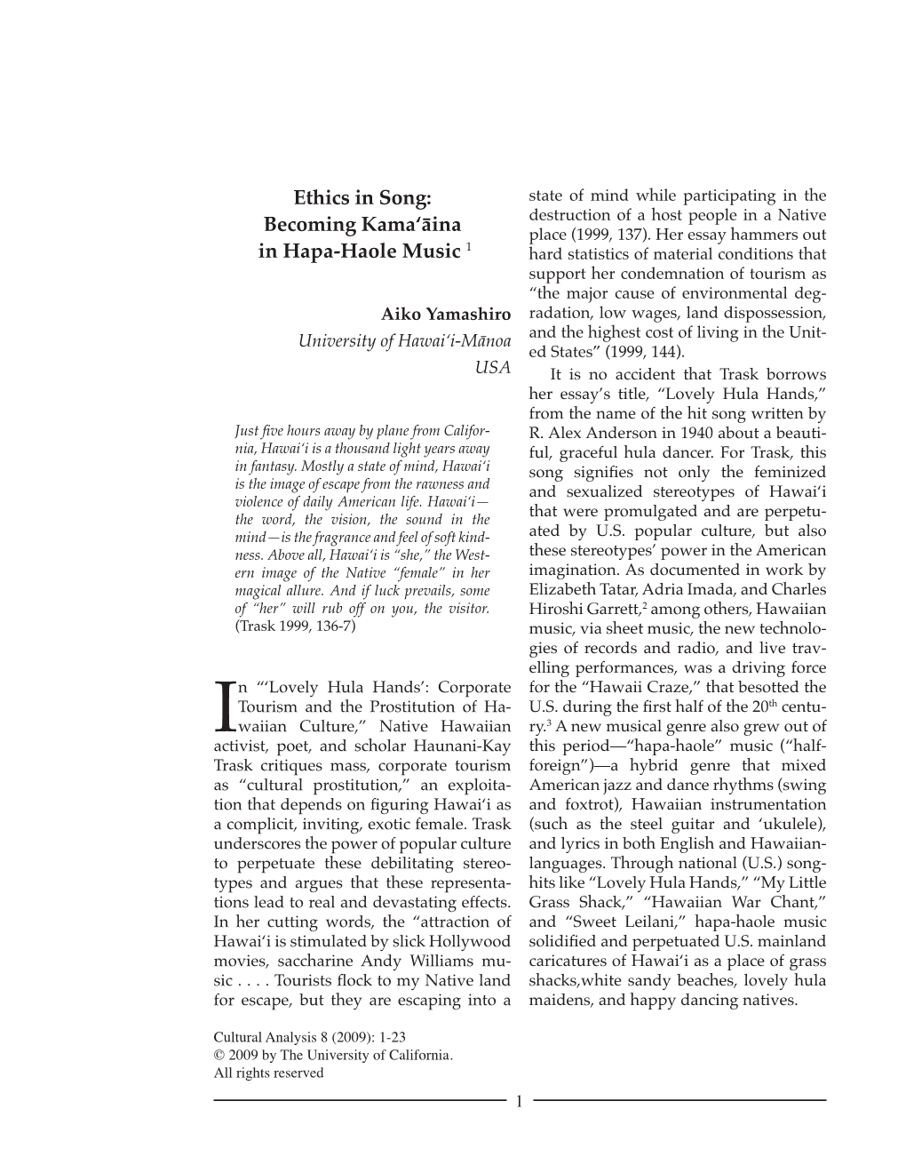 Ethics in Song: Becoming Kama'āina in Hapa-Haole Music 1