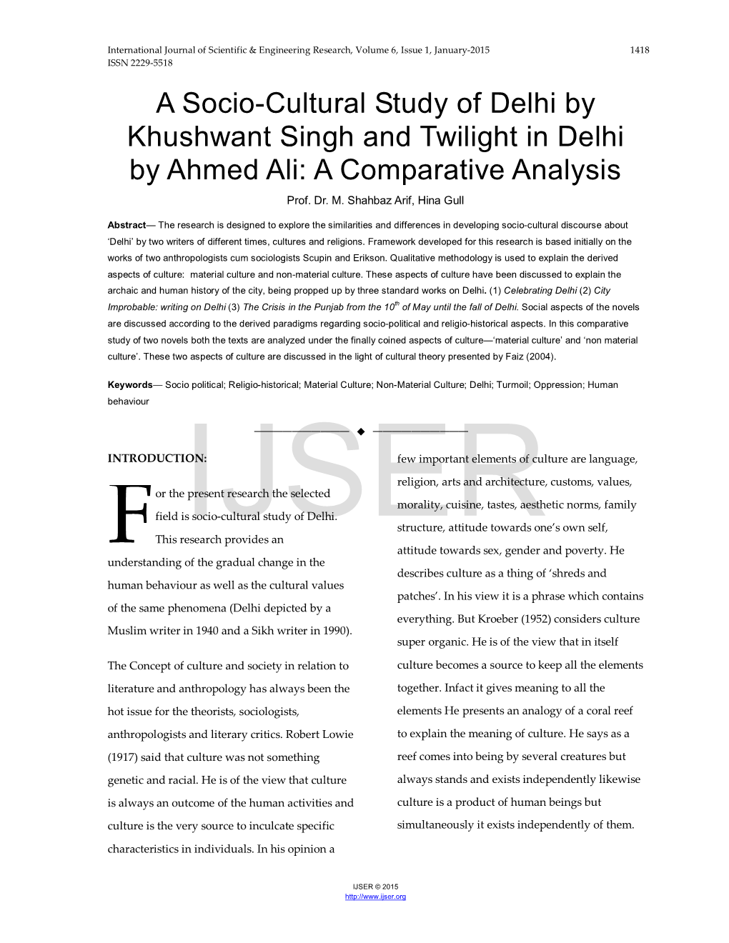 A Socio-Cultural Study of Delhi by Khushwant Singh and Twilight in Delhi by Ahmed Ali: a Comparative Analysis Prof