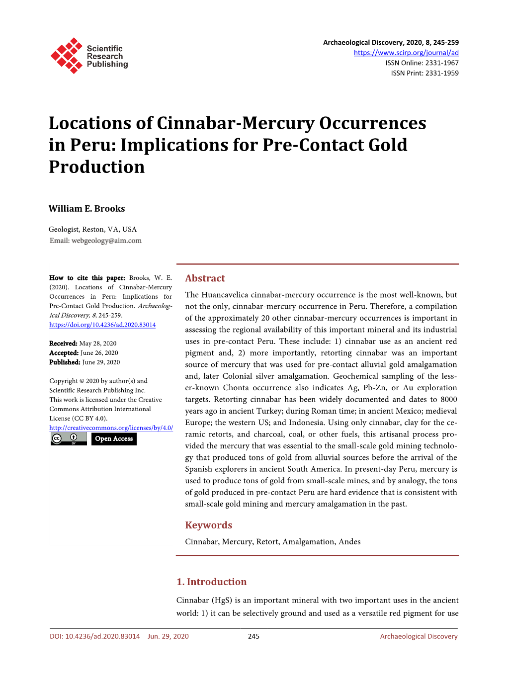 Locations of Cinnabar-Mercury Occurrences in Peru: Implications for Pre-Contact Gold Production