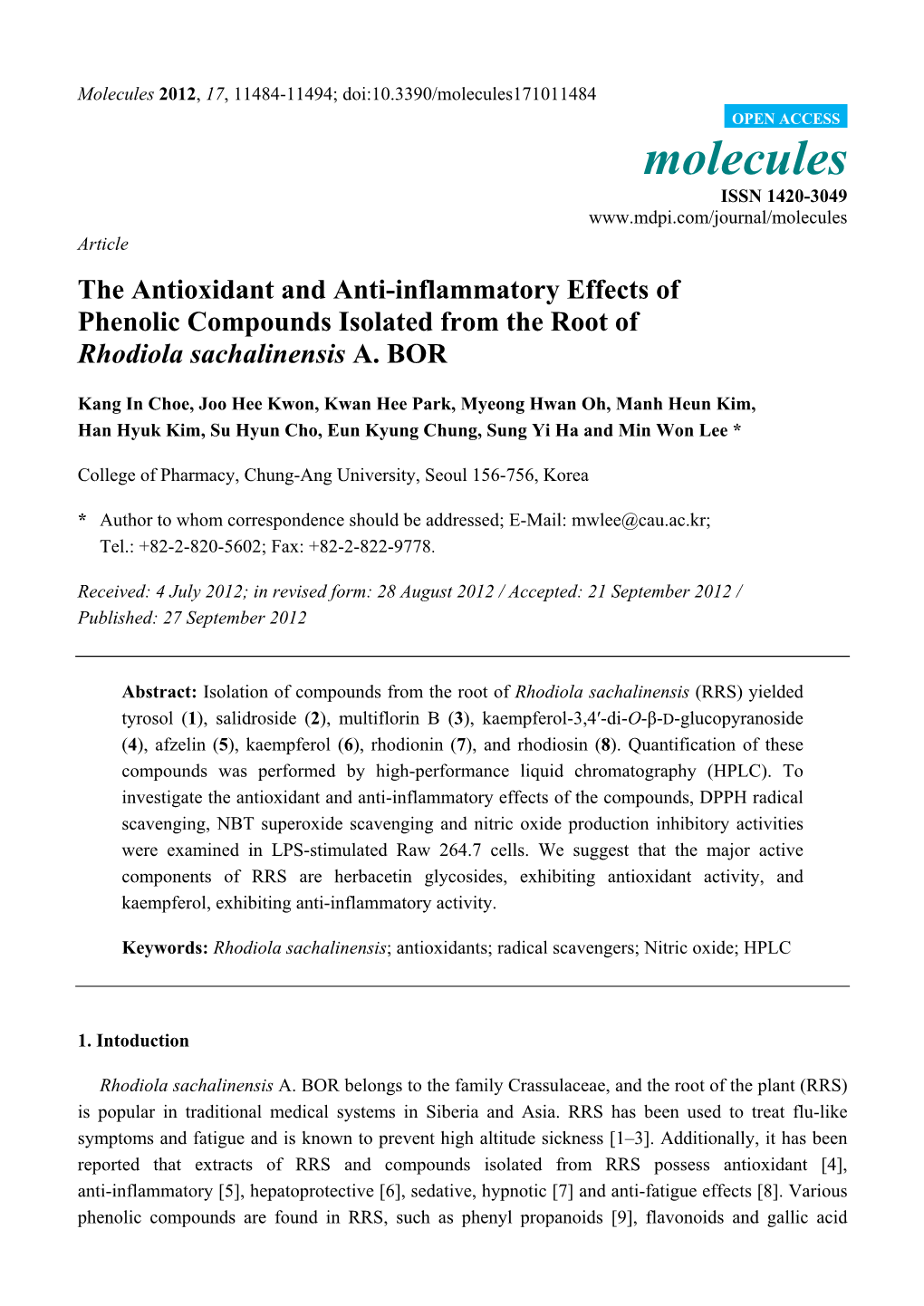 The Antioxidant and Anti-Inflammatory Effects of Phenolic Compounds Isolated from the Root of Rhodiola Sachalinensis A. BOR