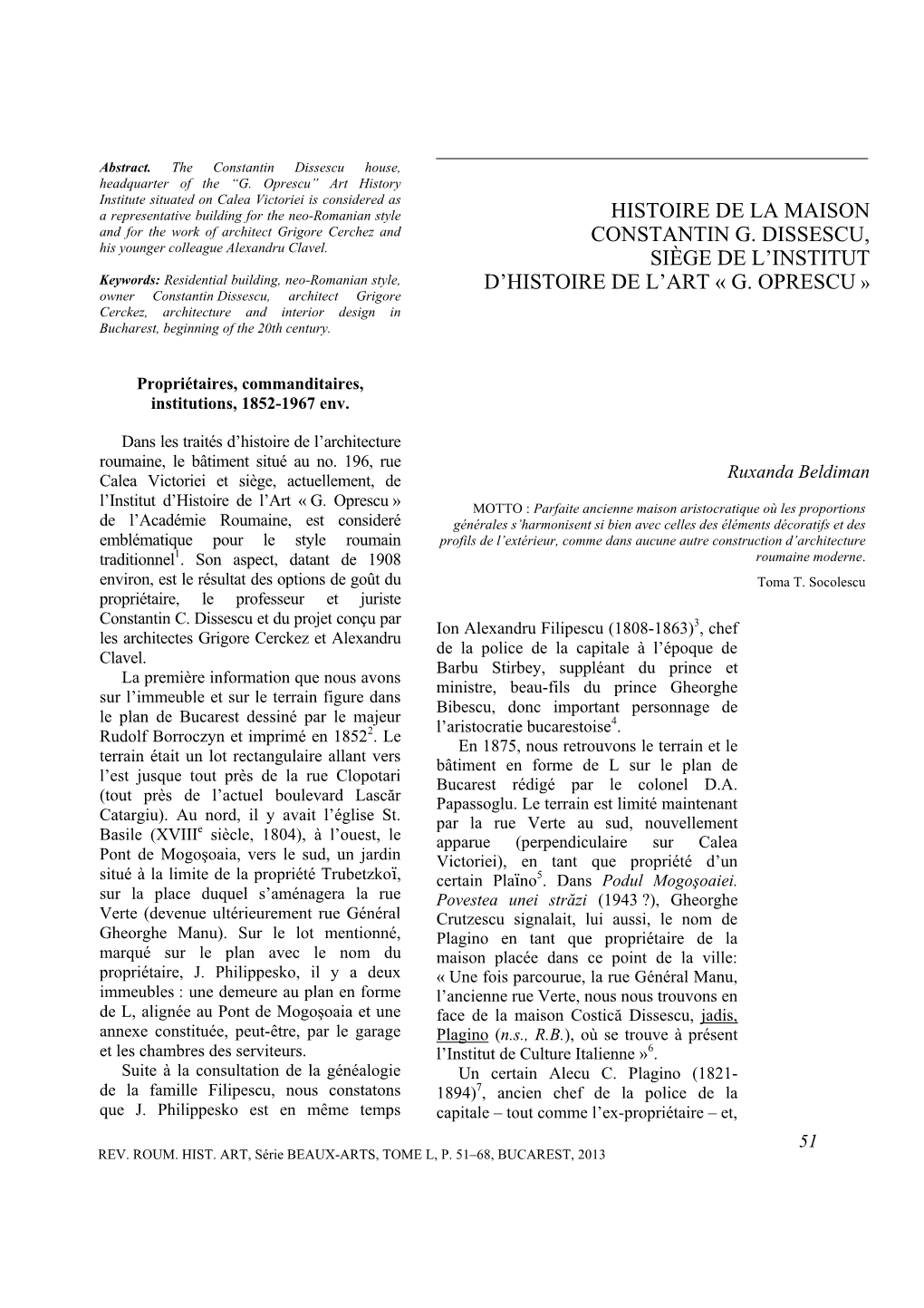 Histoire De La Maison Constantin G. Dissescu