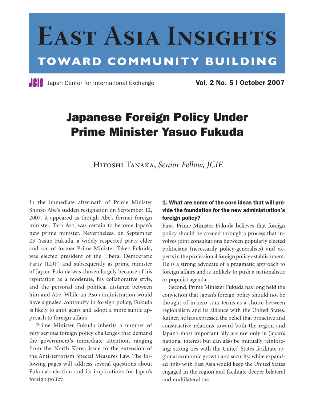 Japanese Foreign Policy Under Prime Minister Yasuo Fukuda