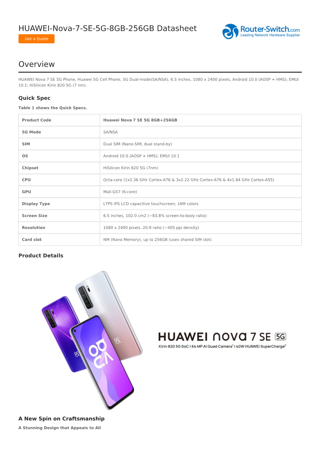 HUAWEI-Nova-7-SE-5G-8GB-256GB Datasheet Overview