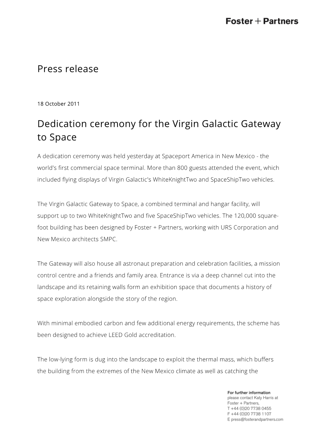 Press Release Dedication Ceremony for the Virgin Galactic Gateway to Space