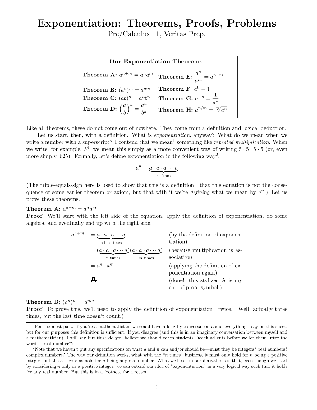 Exponentiation: Theorems, Proofs, Problems Pre/Calculus 11, Veritas Prep