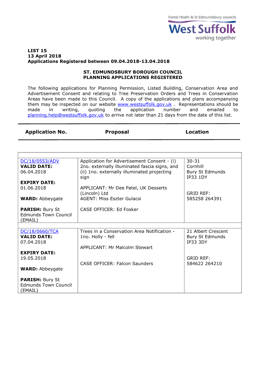 SEBC Planning Applications 15/18