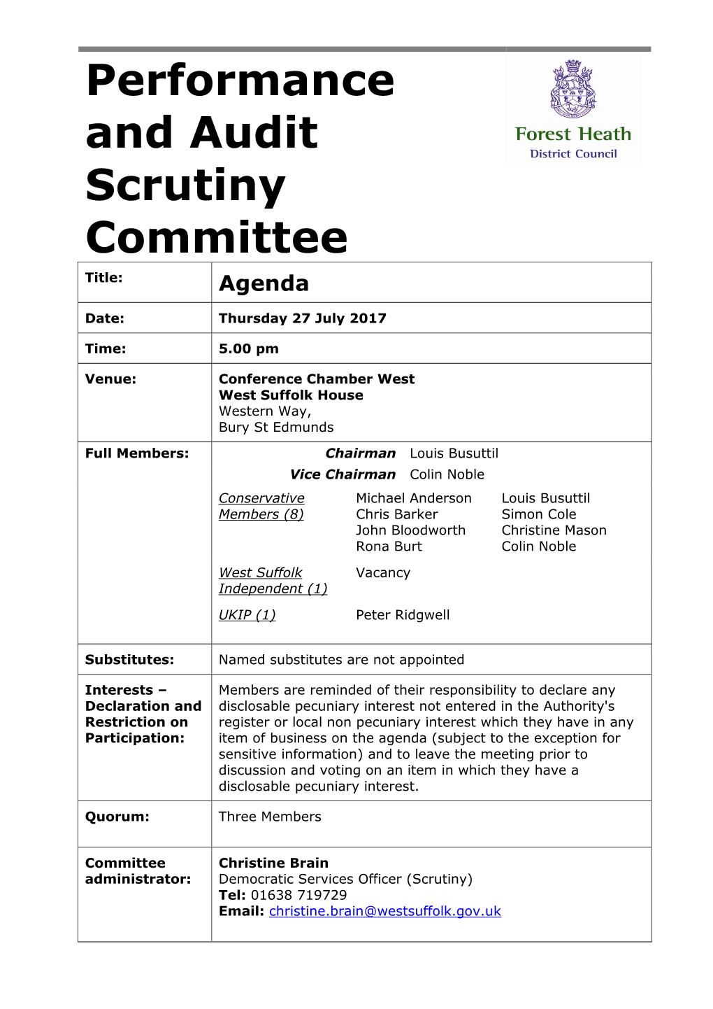 Performance and Audit Scrutiny Committee Title: Agenda