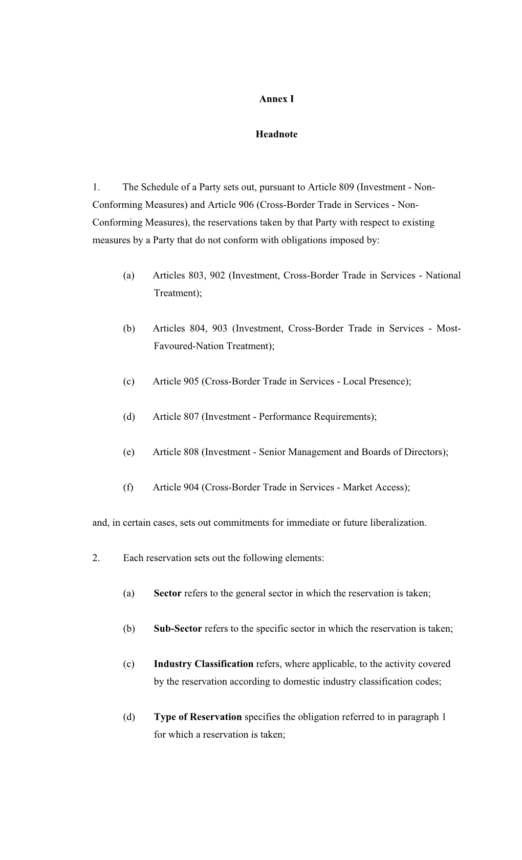 Annex I Headnote 1. the Schedule of a Party Sets Out, Pursuant to Article