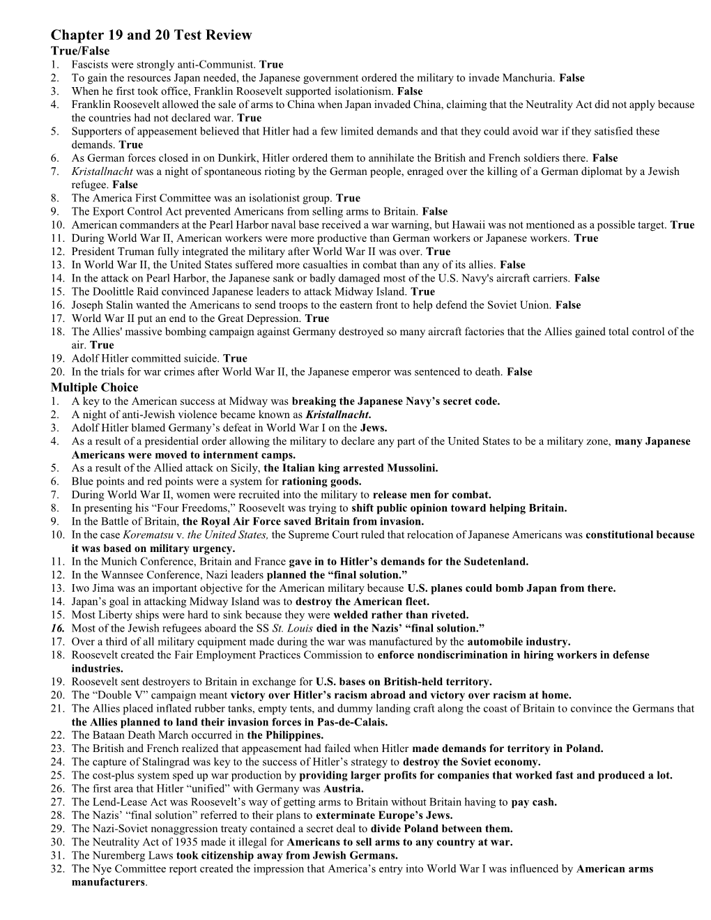 Chapter 19 and 20 Test Review True/False 1