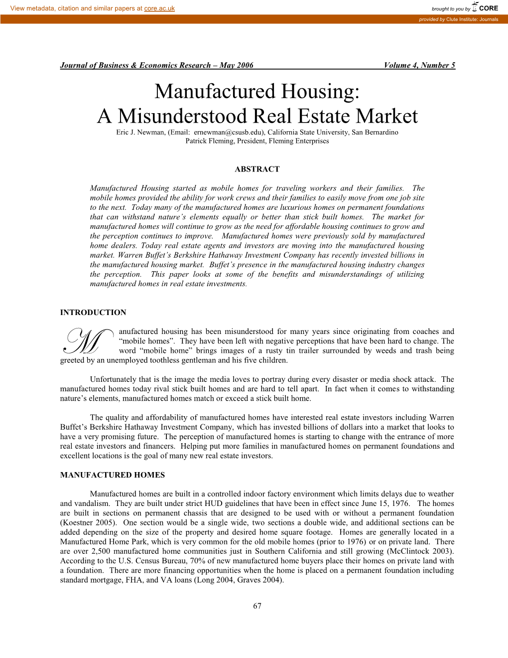 Manufactured Housing: a Misunderstood Real Estate Market Eric J