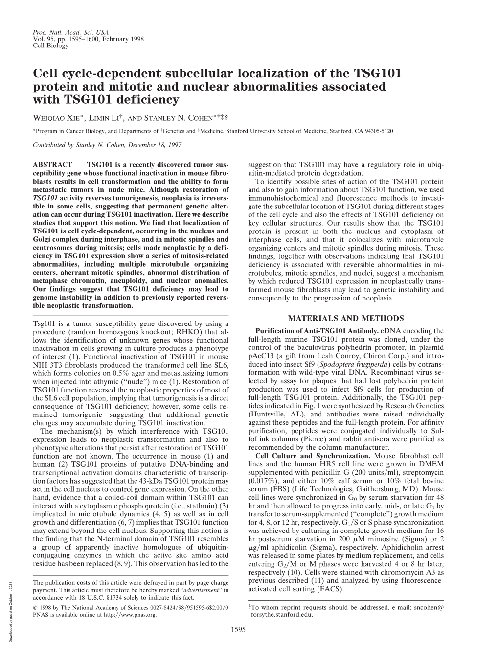 Cell Cycle-Dependent Subcellular Localization of the TSG101 Protein and Mitotic and Nuclear Abnormalities Associated with TSG101 Deficiency