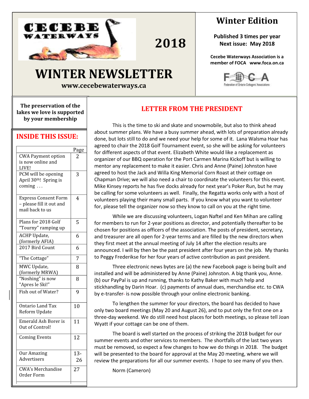 Cecebe Waterways Winter Newsletter 2018