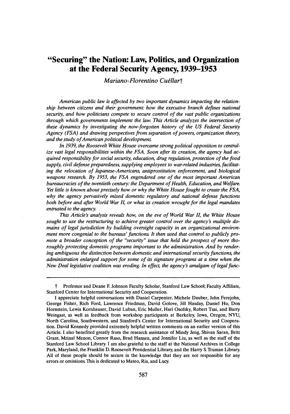 The Nation: Law, Politics, and Organization at the Federal Security Agency, 1939-1953 Mariano-Florentinocu6llart