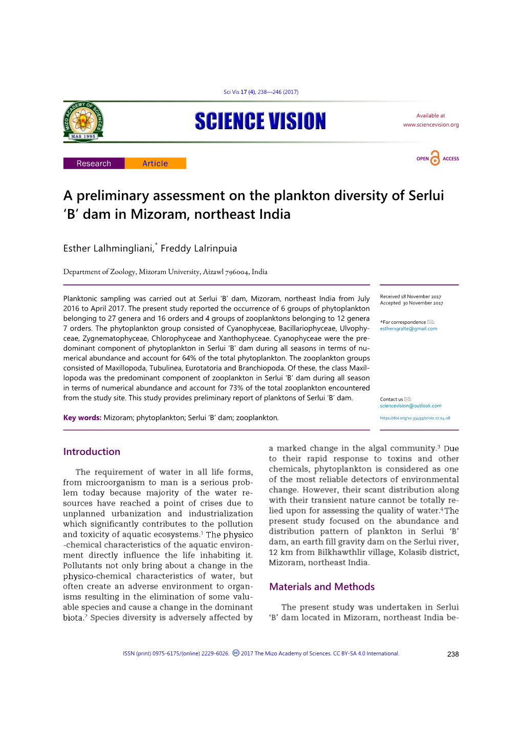 A Preliminary Assessment on the Plankton Diversity of Serlui 'B' Dam in Mizoram, Northeast India