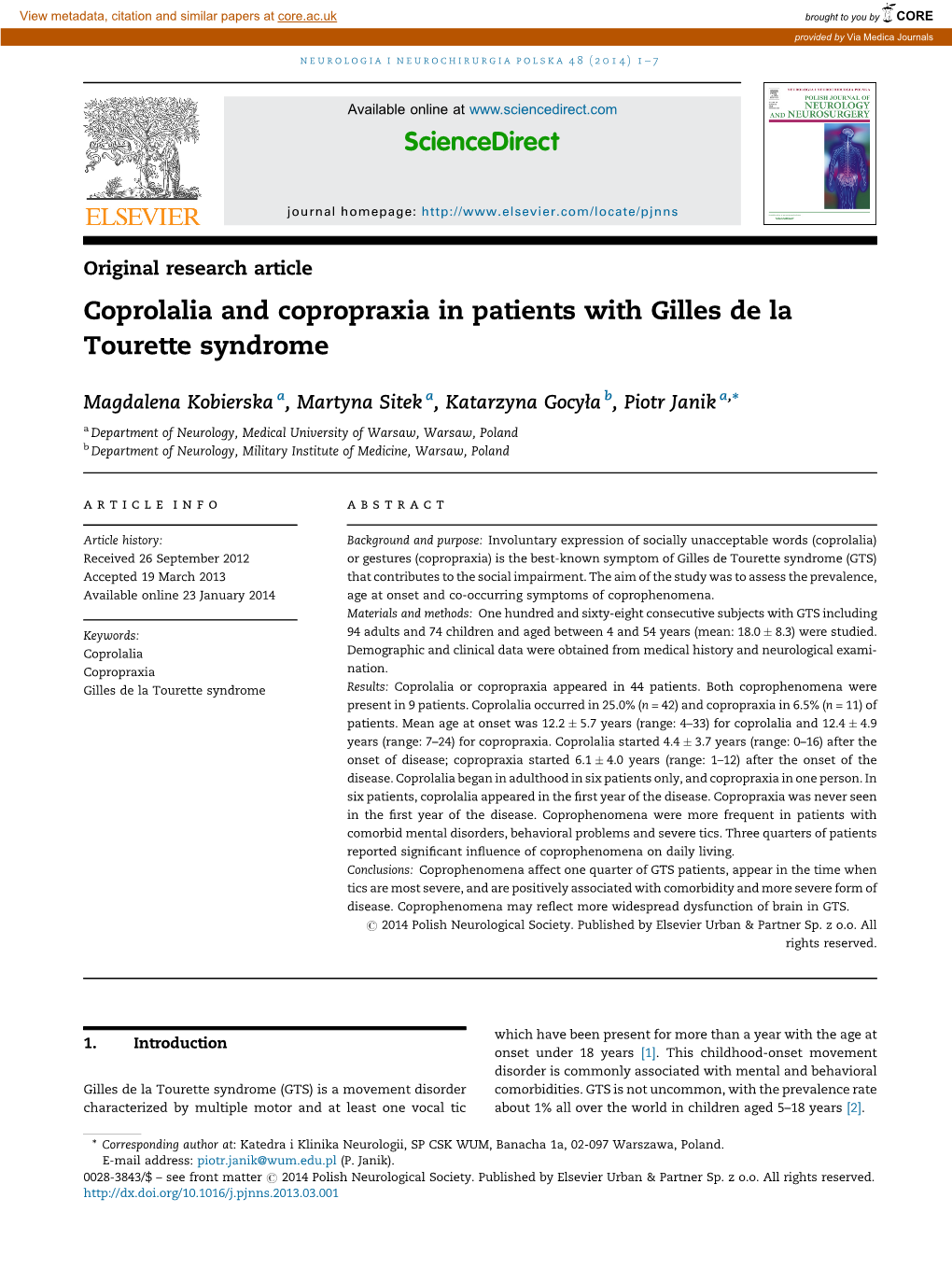 Coprolalia and Copropraxia in Patients with Gilles De La Tourette Syndrome